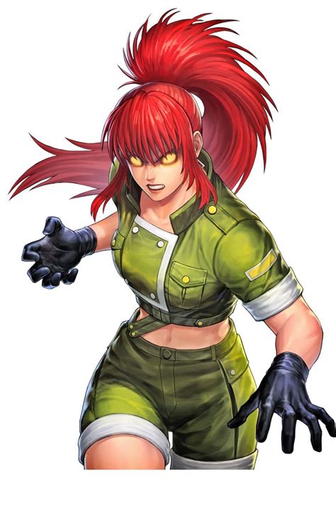 An Anime Character With Red Hair And Black Gloves In Green Outfit