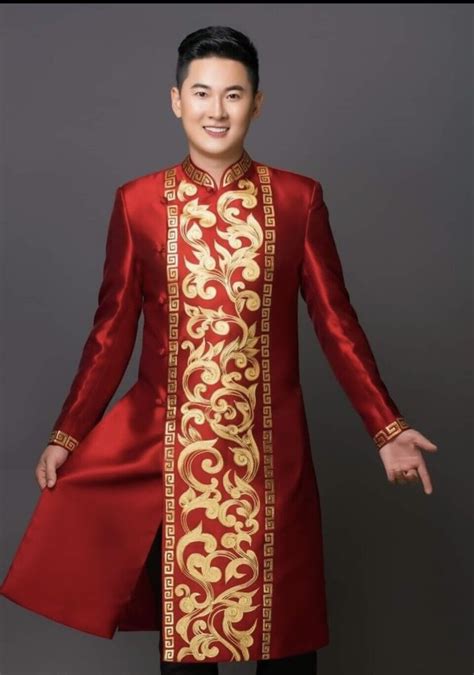 Red Ao Dai For Men Hand Painted Vietnamese Traditional Long Dress For