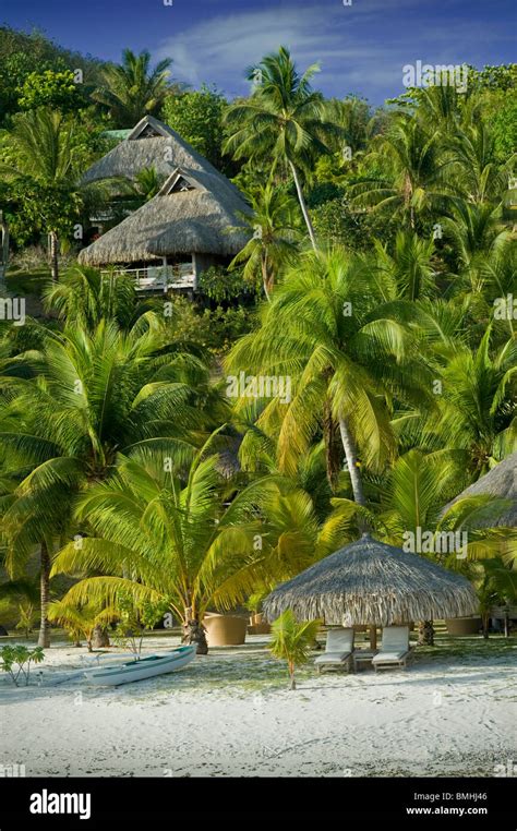 Beach Hut Of Hilton Bora Bora Nui Resort Hotel With Deckchairs Stock