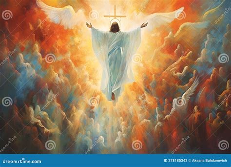Jesus Christ in Clouds of Heaven Over Cross - Ascension Christ Return
