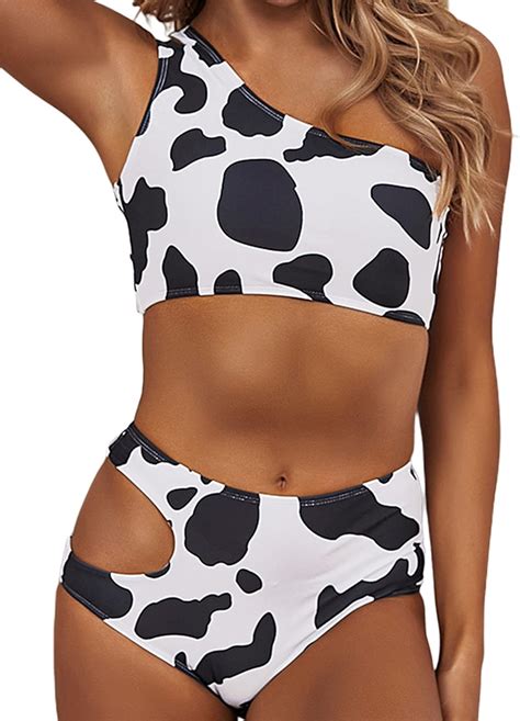Amazon Avanova Women S Cow Print Pieces Bikini Set One Shoulder