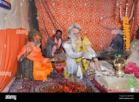 Sadhu Covered With White Ash In Tent For Editorial Use Only Allahabad