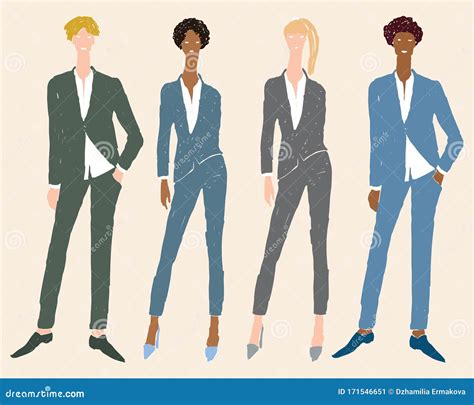 Vector Freehand Drawing Of Young Business People In Classic Suits Stock