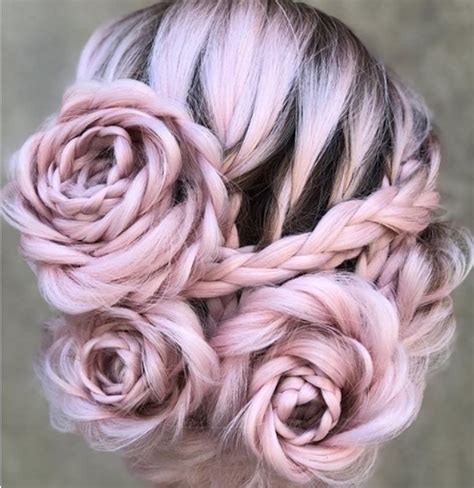 Pink Hair Braided In The Shape Of Roses Braided Updo Braided