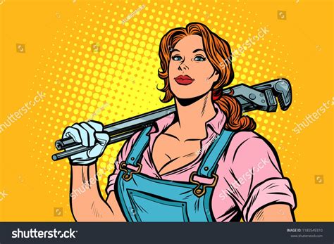 A Strong Woman Mechanic Plumber Worker With Adjustable Wrench Pop Art