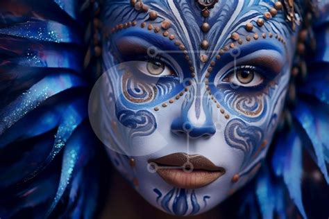 Stunning Portrait Of A Woman With Blue Face Paint And Feathers In Her