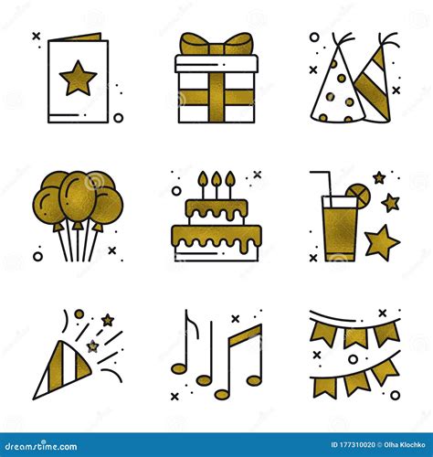 Birthday Party Icons Set In Gold Golden Birthday Symbols And Basic