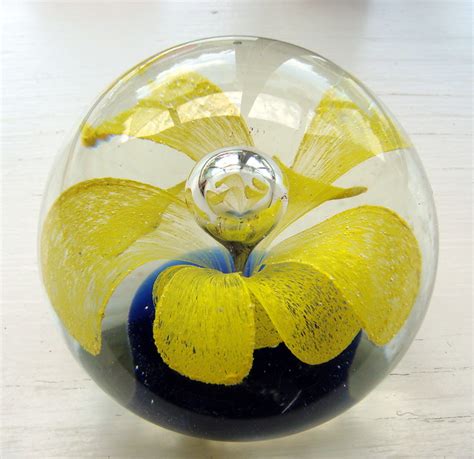 Glass Paperweights With Flowers Inside Vintage Murano Like Glass Paperweight Yellow Flower W