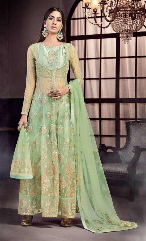 Festive Mehendi Sangeet Wedding Green Color Net Satin Silk Fabric Salwar Kameez 1648754