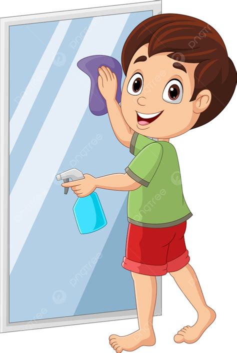 Niño Pequeño De Dibujos Animados Limpiando Un Espejo Png Limpiar