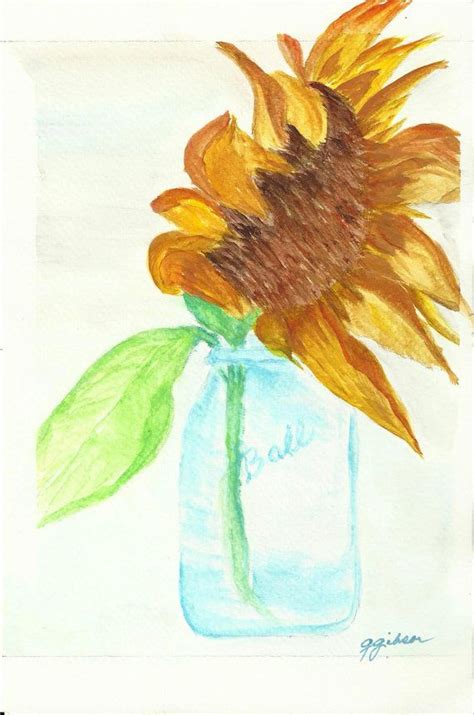 Sunflower In Blue Mason Jar Original Watercolor By Seasaltshop 2500
