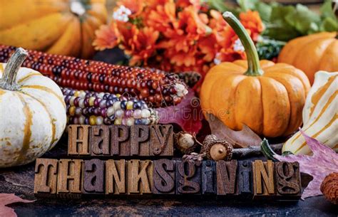 Happy Thanksgiving Message With Autumn Decorations Stock Photo Image