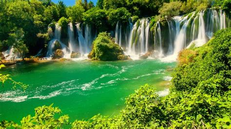 Waterfalls And Green Body Of Water Waterfall Kravice Bosnia And