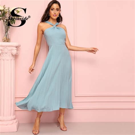 sheinside blue twist halter neck flowy dress women elegant high waist long dresses 2019 summer