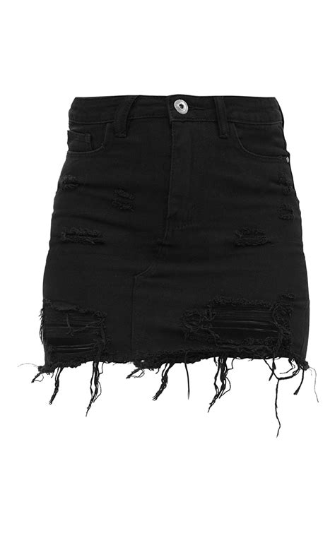 Black Distressed Rip Denim Mini Skirt Denim Prettylittlething Usa