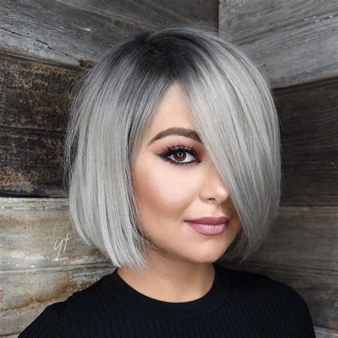 Sleek Gray Bob With Charcoal Roots Bob Haircut For Round Face Round