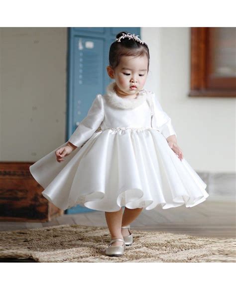 High End Ivory Satin Flower Girl Dress Modern With Sleeves Toddler