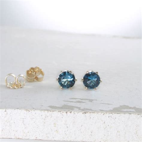 Blue Zircon December Birthstone Earrings Gold Stud Earrings Etsy
