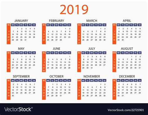Horizontal Pocket Calendar On 2019 Year Simple Vector Image