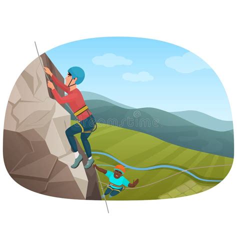 Two Multi Ethnic Climbers Climbing On The Rock Vector Illustration