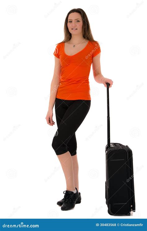 A Beautiful Woman Tourist With Luggage Isolated On White Background