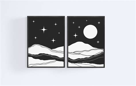 Boho Art Prints Set Of Two Full Moon And Starts Art Set Of 2 Etsy