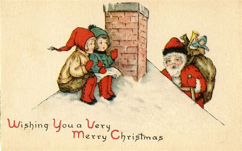 Vintage Christmas Image Cute Santa On Roof With Kids The Graphics Fairy