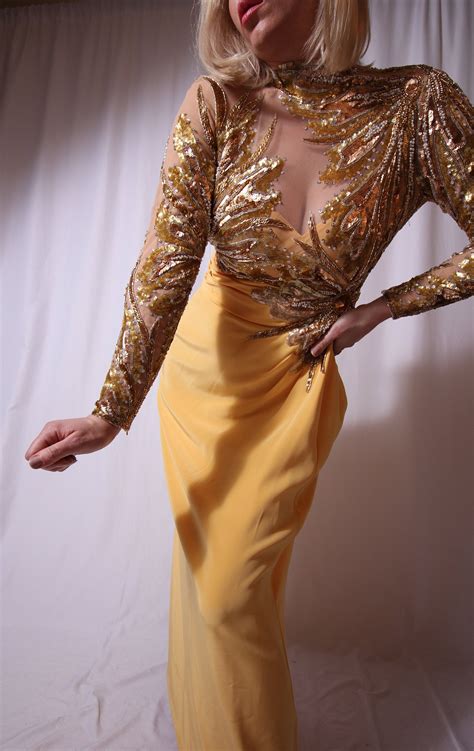 Vintage Rare Bob Mackie Yellow Gold Beaded Gown Formal Special Dress Sheer Metallic