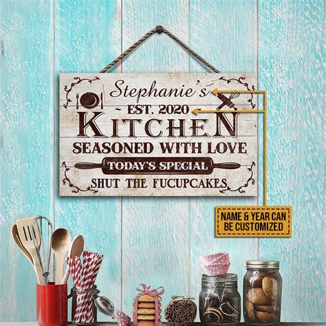 Rustic Kitchen Seasoned With Love Custom Wood Rectangle Sign Farmhous