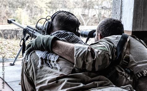 Military Snipers Team Spotter Observing Battlefield Searching Targets