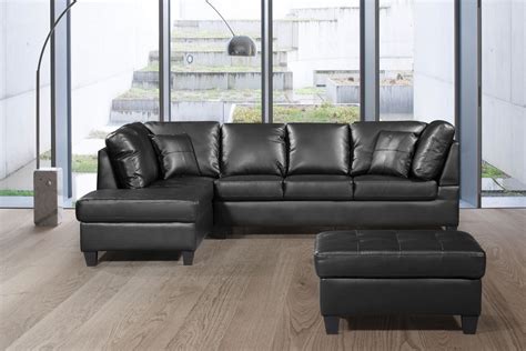 3 Pcs Sectional Sofa Bonded Leather Wstorage Ottoman Black Color