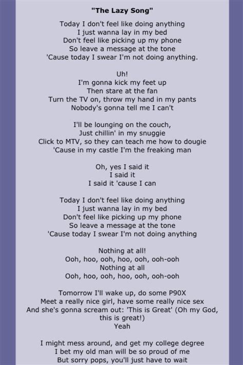 Bruno Marss Song The Lazy Song Lyrics The Lazy Song Lyrics Bruno