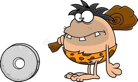Caveman Cartoon Character With A Stone Wheel Stock Vector