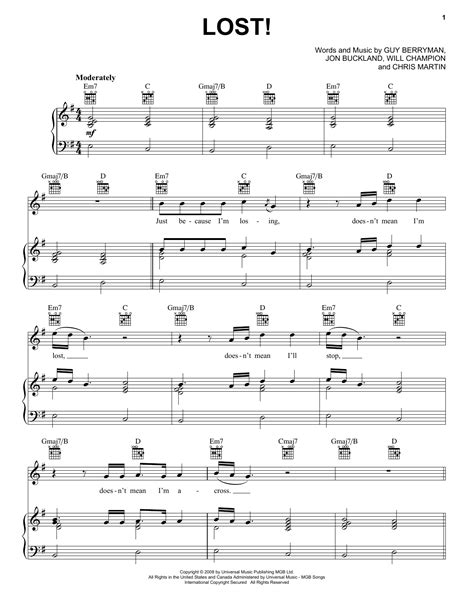 Lost Piano Vocal And Guitar Right Hand Melody Print Sheet Music