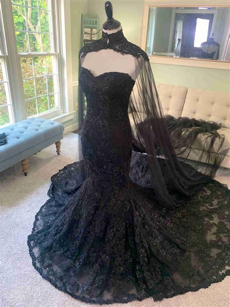 Custom Black Wedding Dress With Cape Veil And Removable Sleeves
