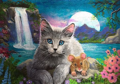 Aceo Original Painting Cat Mouse Moon Waterfall Lake Flowers Signed