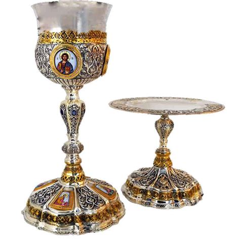 silver eight sided byzantine chalice set with enamel † evagelidis d elias