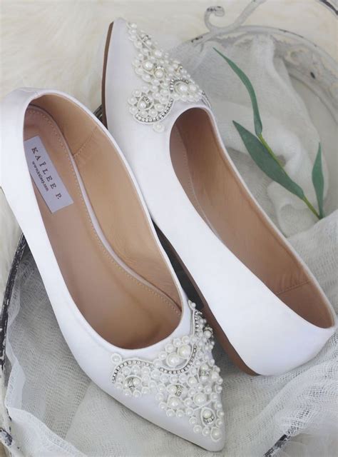 White Satin Pointy Toe Flats With Oversized Pearls Applique In 2020