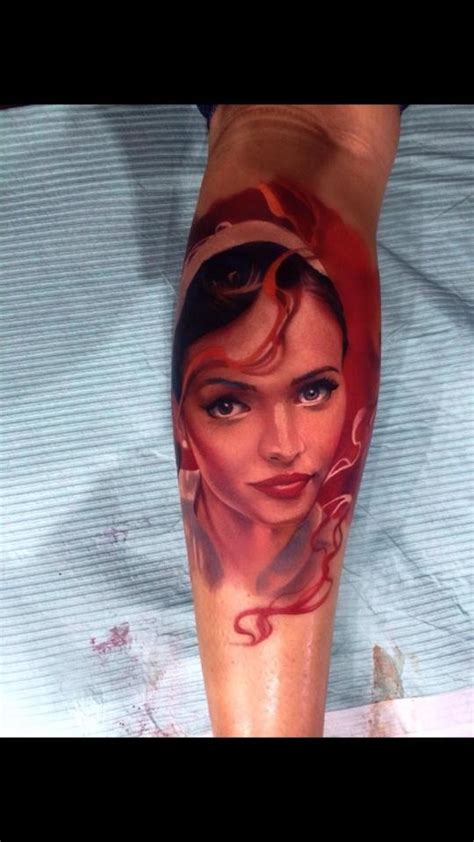 Illustrative Style Colord Leg Tattoo Of Cute Woman Portrait Tattooimages Biz