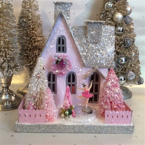 Putz Glitterhouse With Pink Figure Skater And Bottlebrush Etsy