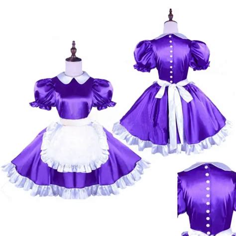 Adult Sissy Girl Maid Lockable Purple Satin Dress Cosplay Costume