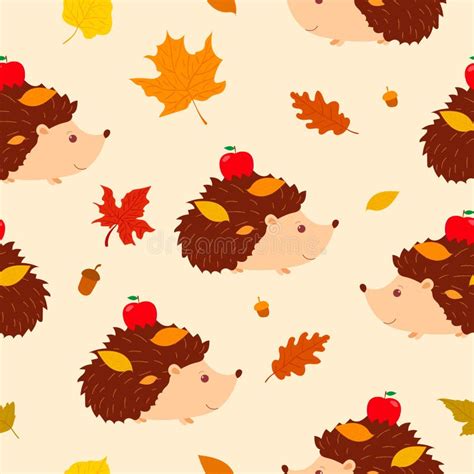 Seamless Pattern With Cute Hedgehogs With Apple And Autumn Leaves On
