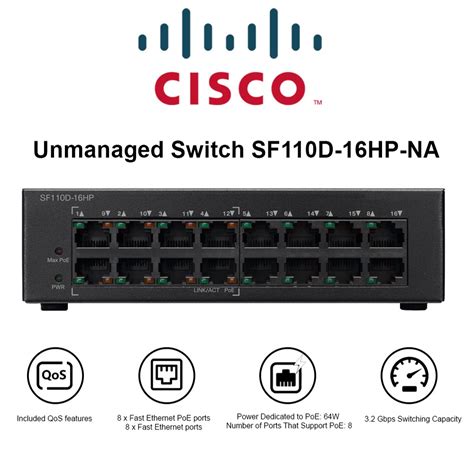 Cisco Sf110d 16hp Unmanaged Switch 8 Ports Fast Ethernet More 8 Ports