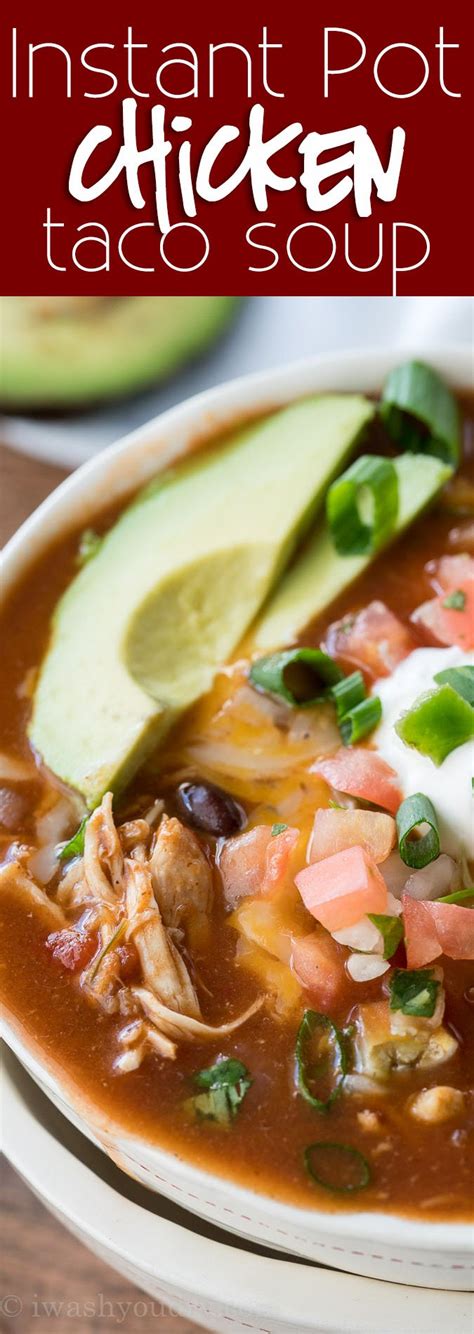 This chicken taco soup made in the instant pot® is made without cream, but when you blend it, the soup takes on a creamy consistency thanks to cheddar cheese. Instant Pot Chicken Taco Soup | I Wash You Dry
