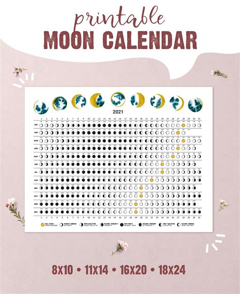 Printable Moon Phases Calendar 2021 Wall Calendar Minimal Etsy