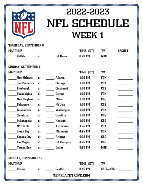 Printable 2022 2023 NFL Schedule Week 1