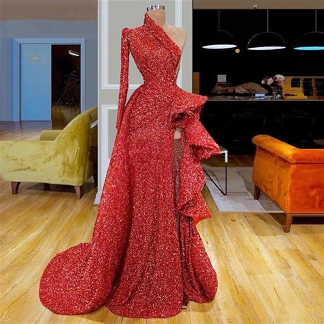 bling bling red prom dresses 2020 one shoulder sequins sparkly high split evening dress formal