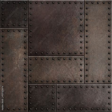 Dark Rusty Metal Plates With Rivets Seamless Background Or Texture