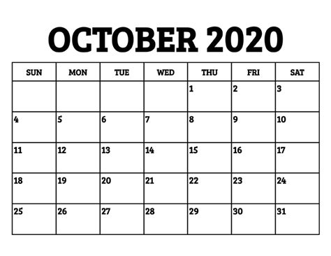 Printable Calendar October 2020 Printable World Holiday