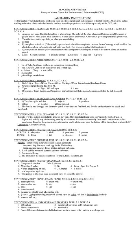Teacher Answer KEY-LAB 9 - TEACHER ANSWER KEY Biscayne Nature Center